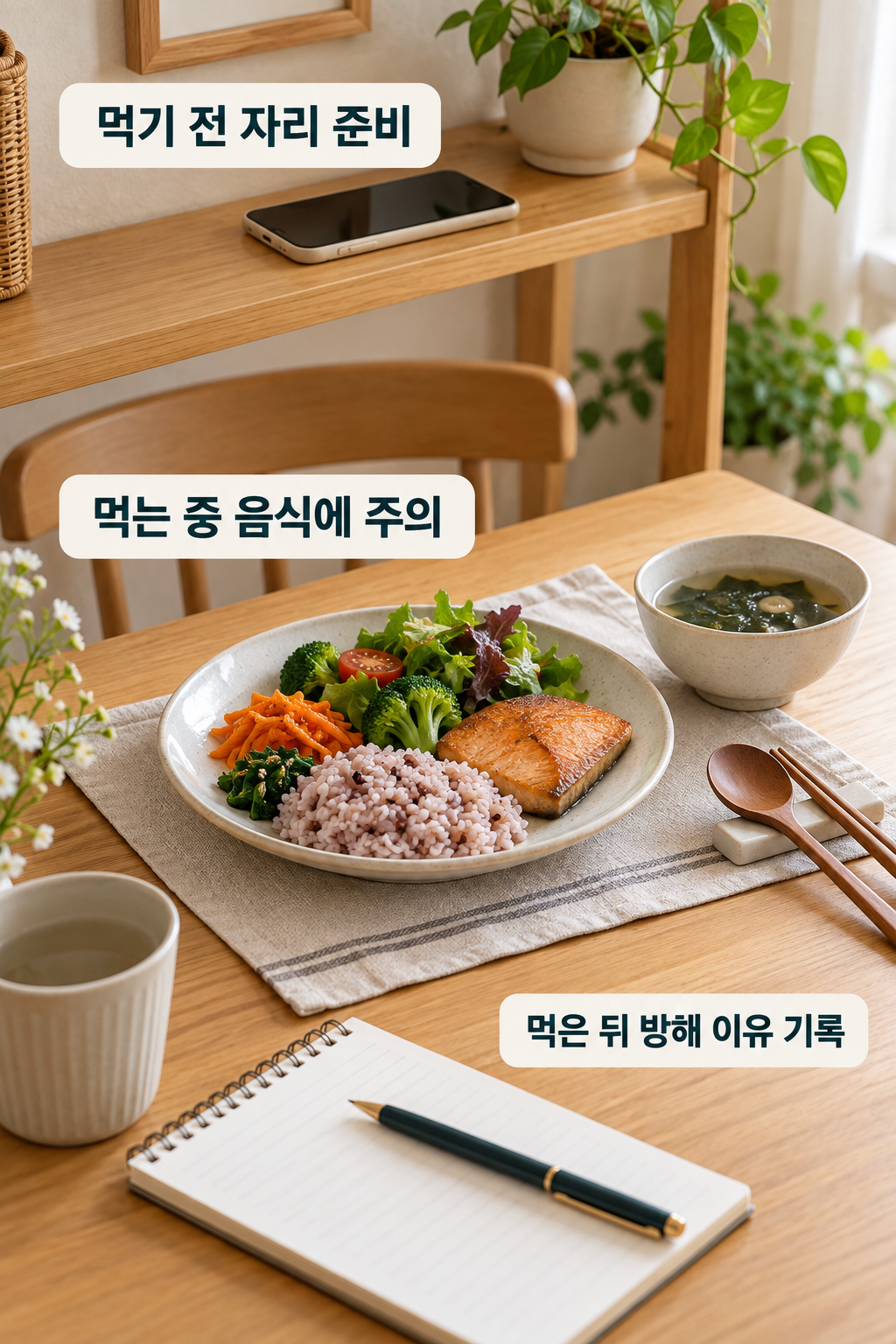휴대전화를 따로 둔 식탁에 식사와 수저받침, 간단한 기록지를 준비한 모습
