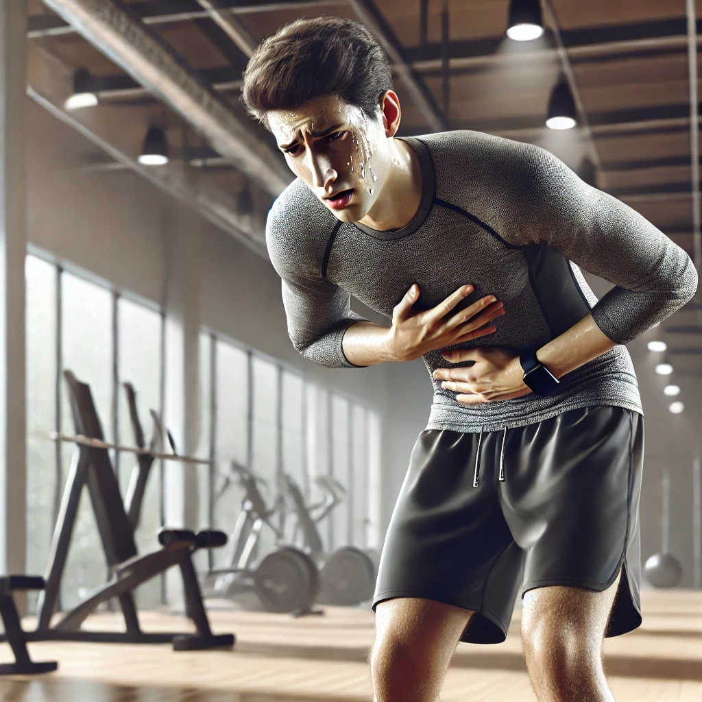 공복 운동 중 기운이 빠지고 속이 불편한 상황을 묘사한 이미지