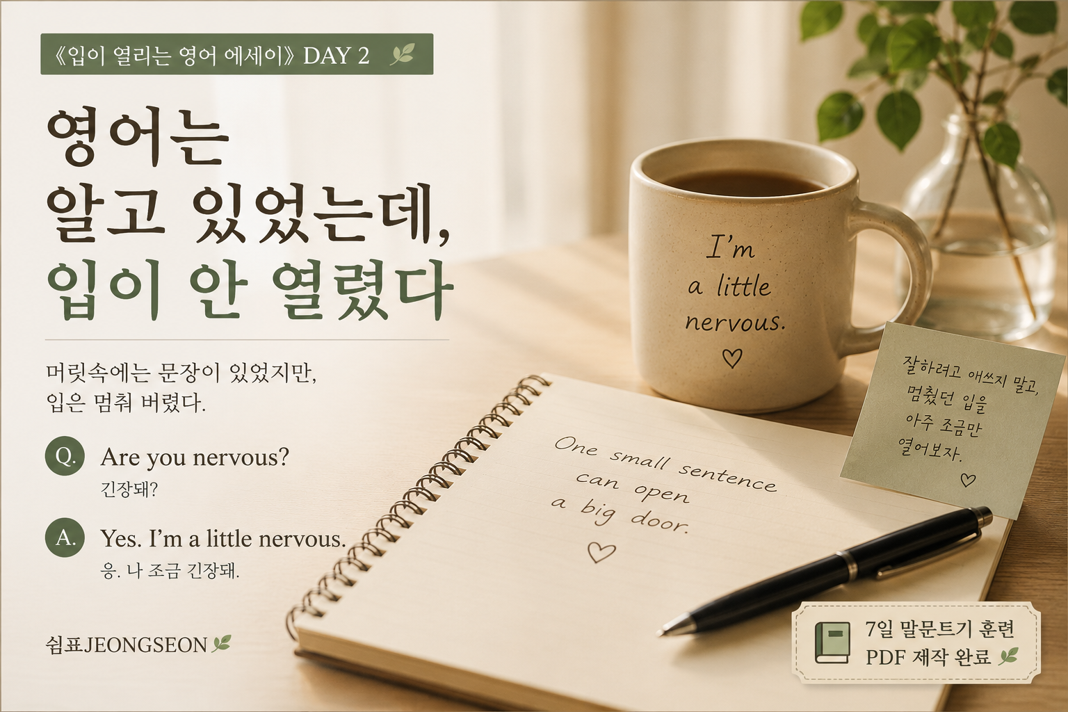 따뜻한 햇살이 비치는 책상 위에 커피잔과 노트가 놓여 있는 감성 영어 썸네일 이미지.
머그컵에는 “I’m a little nervous.” 문장이 적혀 있고, 노트 위에는 영어 문장이 손글씨처럼 쓰여 있다.
영어를 알고 있어도 입이 쉽게 열리지 않는 감정을 담은 《입이 열리는 영어 에세이》 DAY 2 이미지.