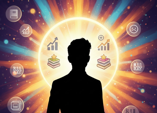 밝게 빛나는 원형 후광을 배경으로 서 있는 검은 실루엣의 인물과 그 주변에 배치된 긍정적인 지표 아이콘을 통해 표현한 후광효과