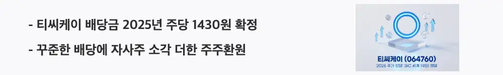티씨케이 주가 전망: '티씨케이 배당금 2025년 주당 1430원 확정'이라는 문구가 포함된 웹배너 이미지. 이 이미지는 꾸준한 배당과 자사주 소각으로 이어진 티씨케이의 주주환원 정책을 시각적으로 전달하며, 블로그의 티씨케이 주가 전망과 관련된 내용을 설명함