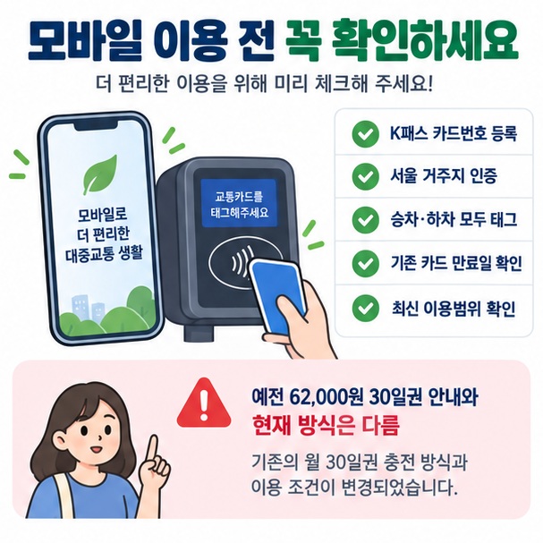 모바일 교통카드 이용 전 K패스 등록과 서울 거주지 인증, 승하차 태그를 확인하는 이미지