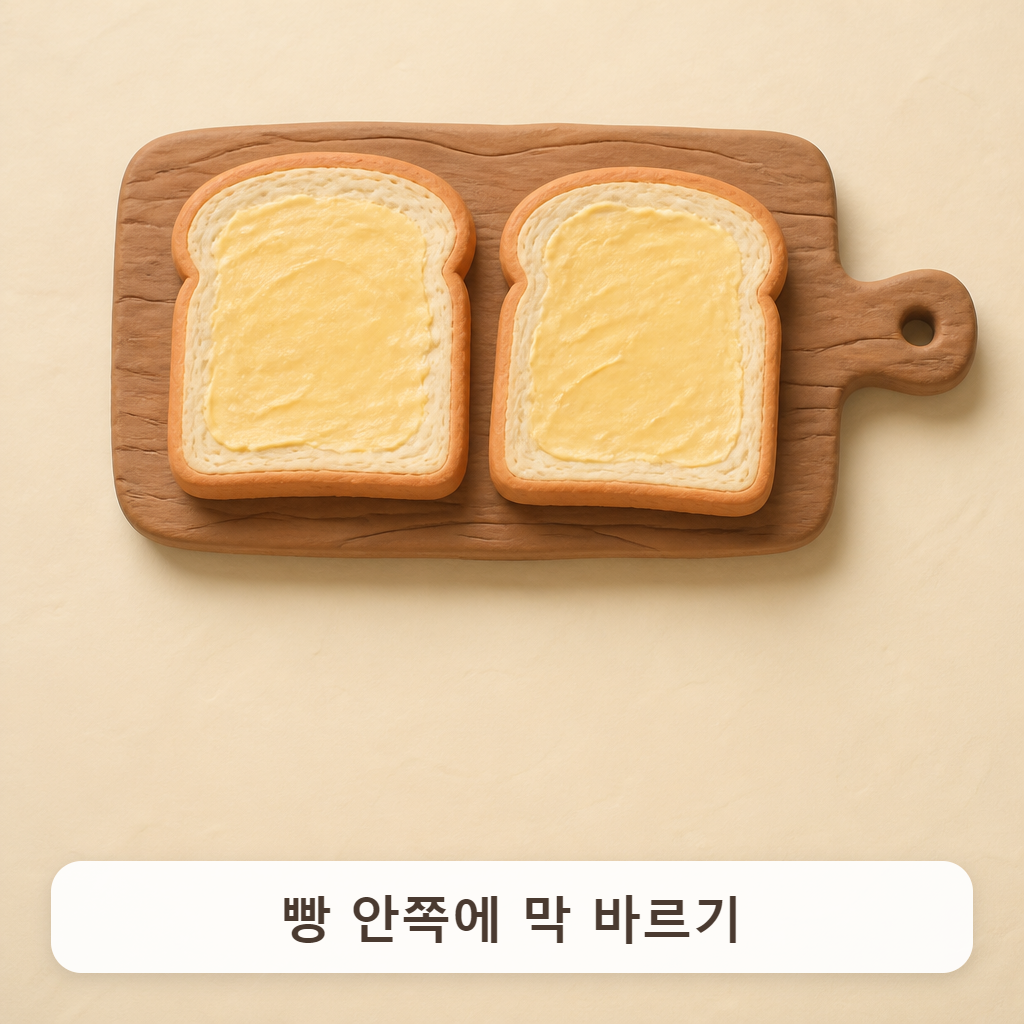 도마 위에 버터를 얇게 바른 식빵 두 장