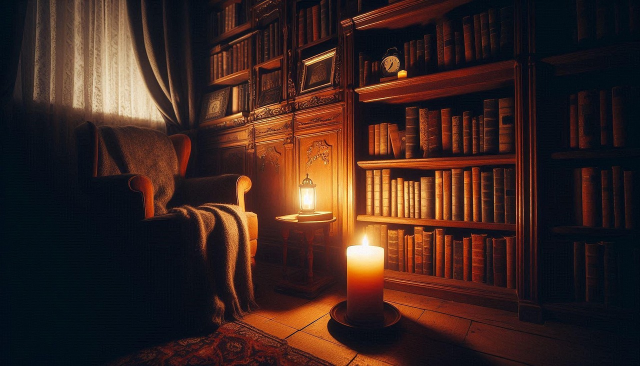 촛불과 따뜻한 조명이 켜진 거실, 담요가 덮인 의자, 책장