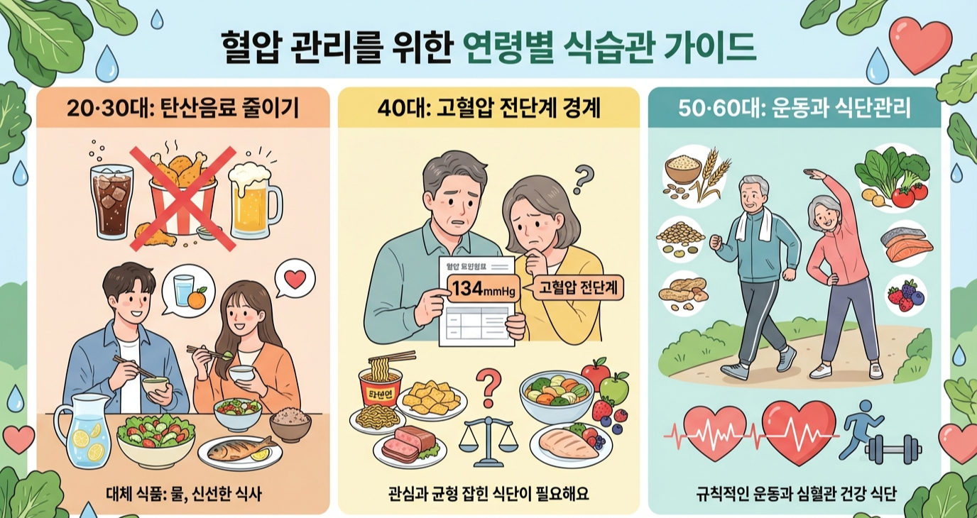 20&middot;30대는 탄산 줄이고, 50&middot;60대는 운동! 연령별 맞춤 식사법으로 고혈압 막기