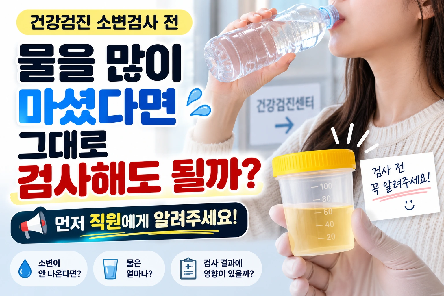 건강검진 소변검사 전 물을 많이 마셨다면 그대로 검사해도 될까? 먼저 직원에게 알려주세요