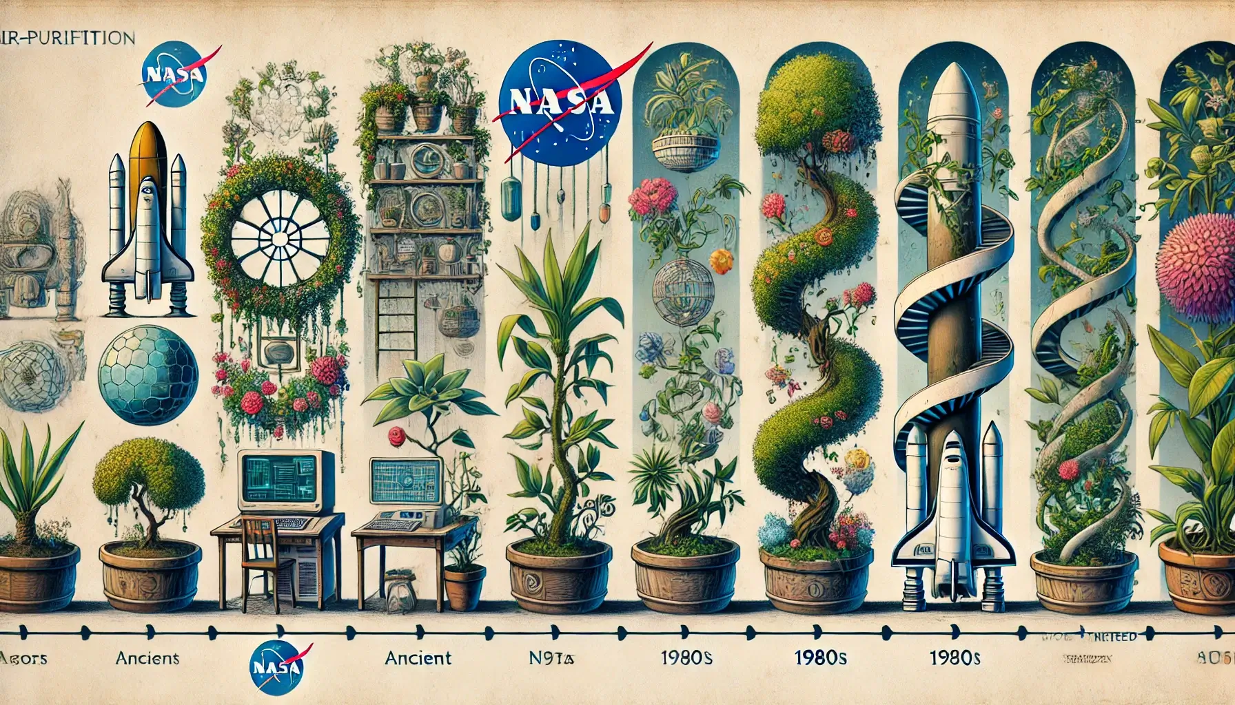 고대 주거지에서의 정화 식물 활용부터 NASA의 연구, 그리고 현대의 생명공학 식물까지 발전사를 단계별로 보여주는 이미지