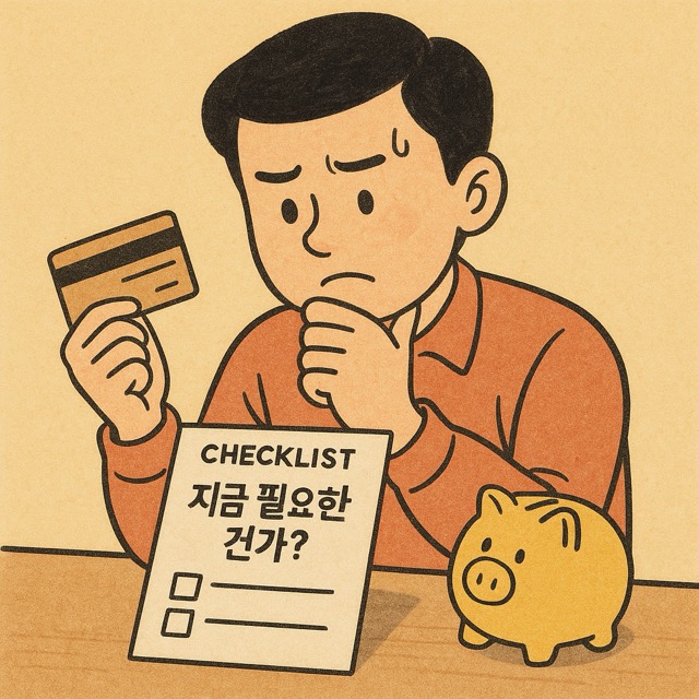결제를 앞두고 ‘지금 필요한 건가?’라고 적힌 체크리스트를 보며 고민하는 주인공