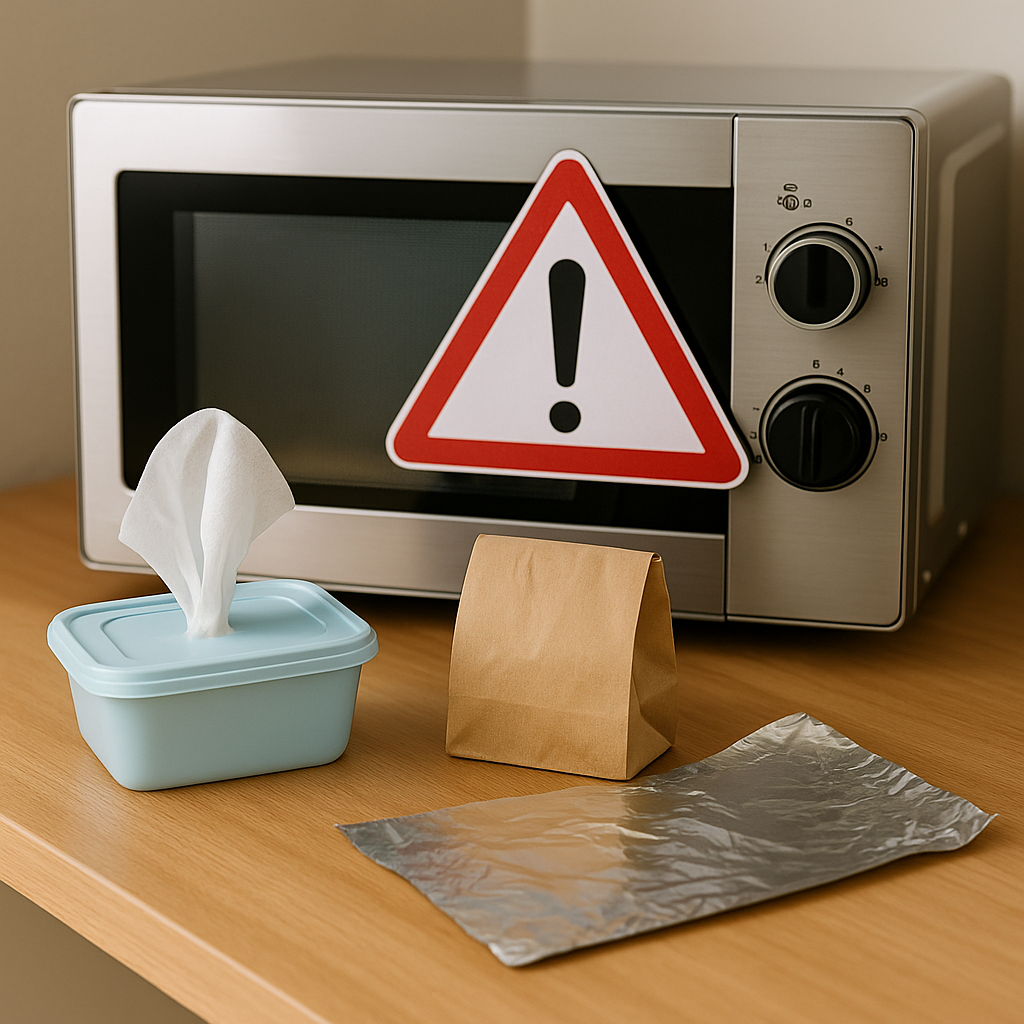 전자레인지 앞에 물티슈, 갈색 종이봉투, 은색 알루미늄 호일이 놓여 있으며, 전자레인지 문에는 빨간 삼각형 금지 표식이 붙어 있는 모습