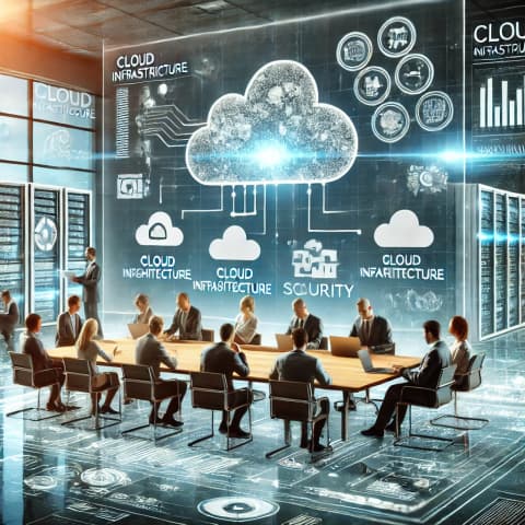 전문가들이 회의하며 클라우드 인프라를 논의하는 장면