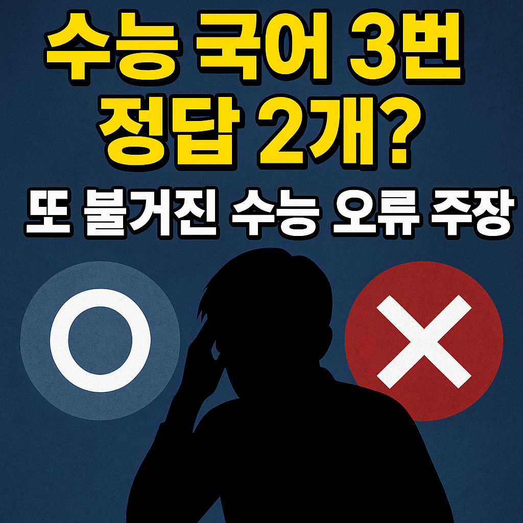“수능 국어 3번 정답 2개 논란과 국어 17번 오류 주장을 다루는 뉴스 헤드라인 스타일 썸네일 이미지, 고민하는 수험생 실루엣과 OX 표시를 강조한 장면”