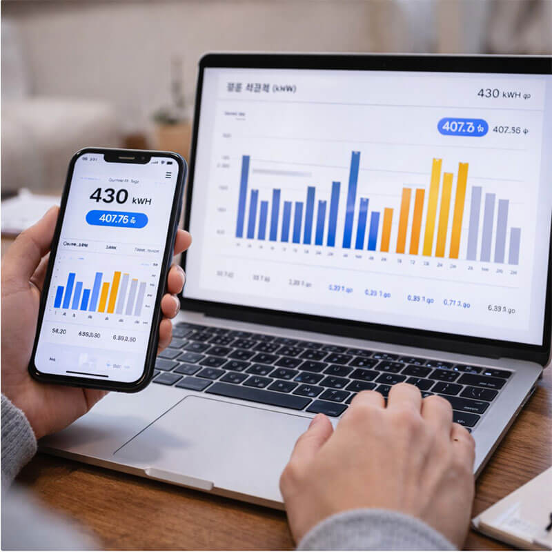 스마트폰이나 노트북으로 전력 사용량 그래프를 확인하는 모습