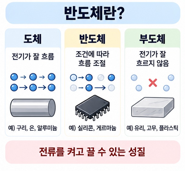 도체 반도체 부도체의 전기 흐름 차이를 비교한 인포그래픽