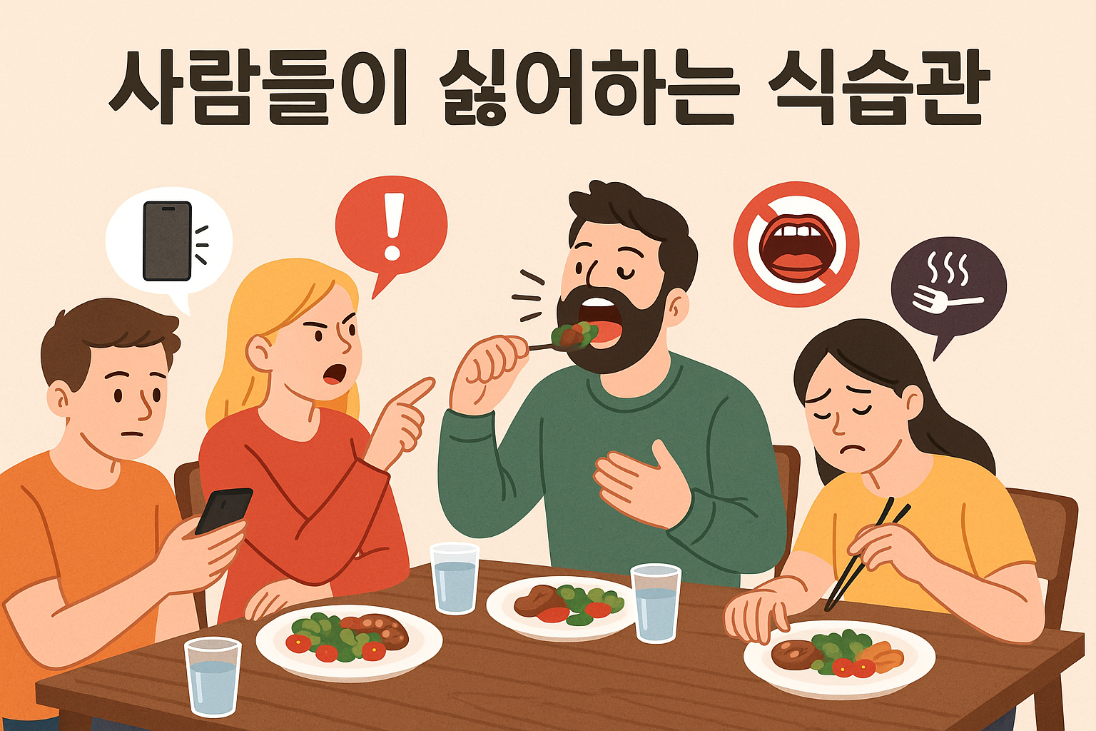 식탁에서 여러 사람이 식사 중인데, 한 사람은 입을 벌리고 쩝쩝거리며 밥을 먹고 있고,
다른 한 사람은 공용 반찬에 젓가락을 넣고 있으며, 또 다른 사람은 핸드폰을 보며 밥을 먹고 있다.
옆 사람들은 불쾌한 표정을 짓고 있는 장면으로, 사람들이 싫어하는 식습관을 표현한 유머러스한 일러스트.