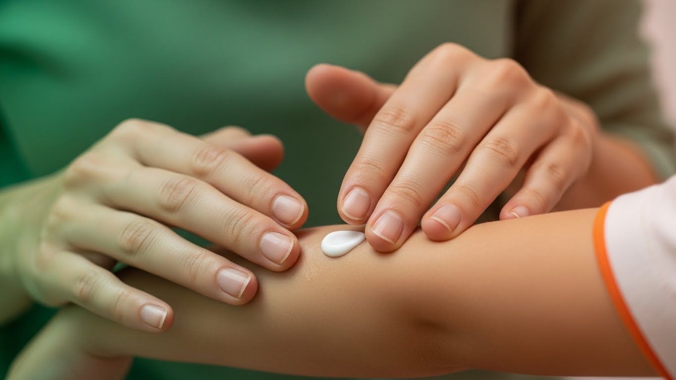 피부가 약간 건조한 아이의 팔에 흰색 크림(예: 제로이드 인텐시브 크림 MD)을 부드럽게 바르는 부모의 손을 클로즈업한 사진입니다.