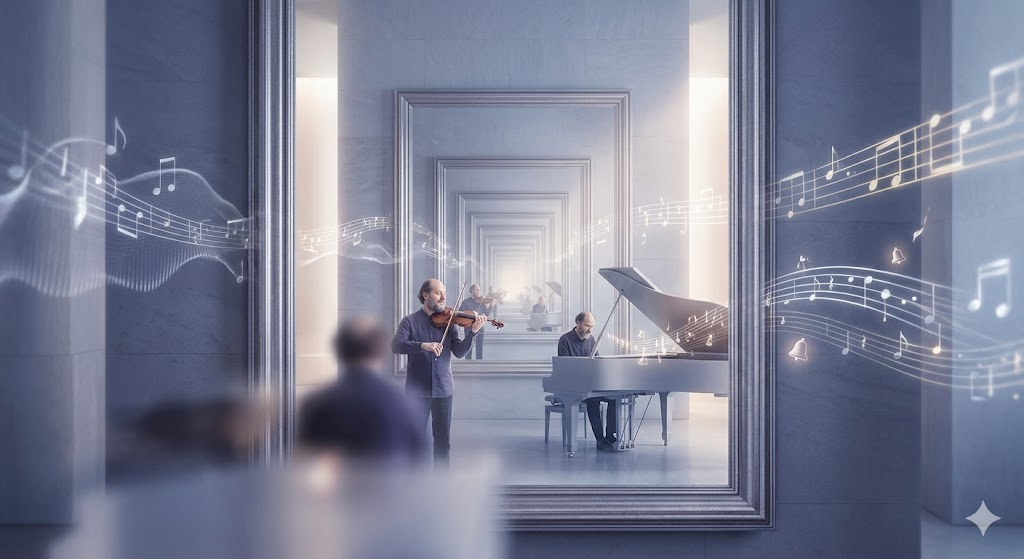 아르보 패르트 거울 속의 거울 무한한 반사와 틴틴나불리 종소리를 시각화한 일러스트