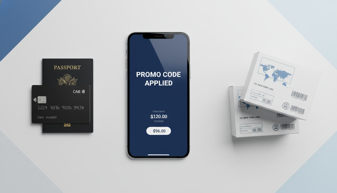 스마트폰으로 해외 명품 편집숍에서 할인 코드를 적용하여 결제하는 모습과 글로벌 배송 박스 연출샷
