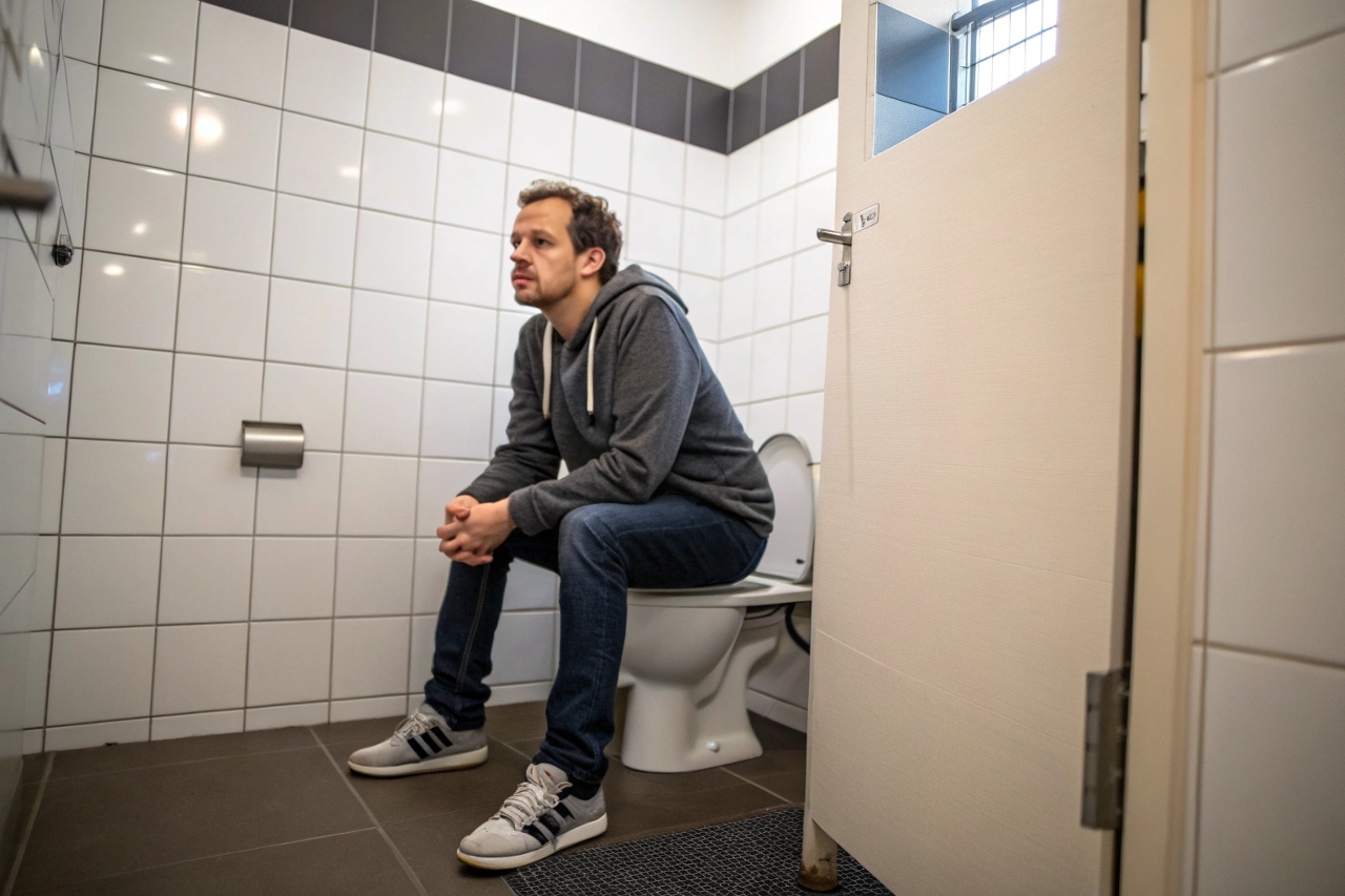 변기에 앉아 있는 남성