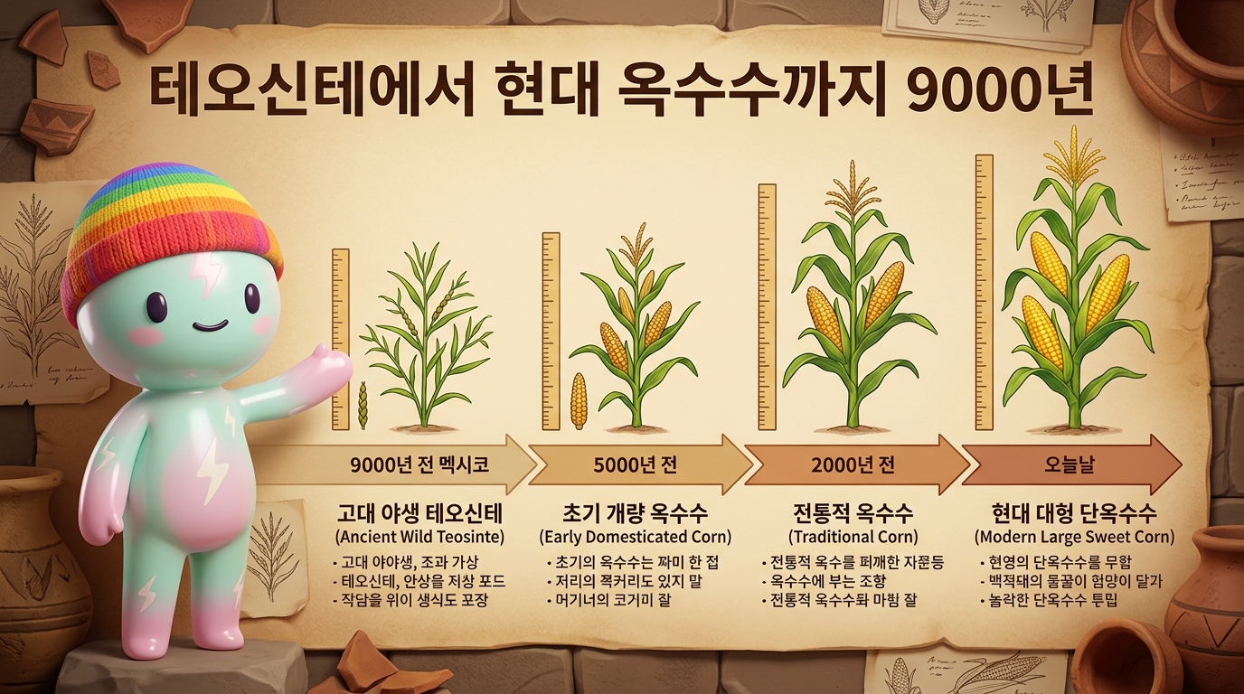 쫀쿠가 9,000년에 걸친 테오신테에서 현대 옥수수로의 변화를 보여주는 교육용 진화 타임라인을 제시하는 장면. 타임라인은 왼쪽에서 오른쪽으로: 1) 작은 씨앗 꼬투리를 가진 고대 야생 테오신테 (9,000년 전 멕시코), 2) 작은 옥수수 속대를 가진 초기 재배 옥수수 (5,000년 전), 3) 중간 크기 전통 옥수수 (2,000년 전), 4) 현대의 크고 황금빛 초당옥수수 (오늘날). 한글 텍스트: '테오신테에서 현대 옥수수까지 9000년'.