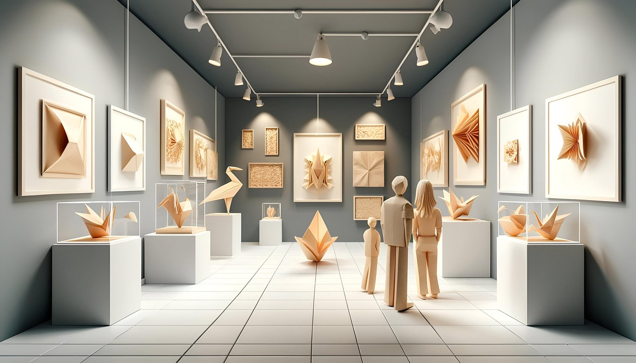 조용한 럭셔리 분위기의 미니멀 전시 공간에서 예술 작품을 감상하는 사람들