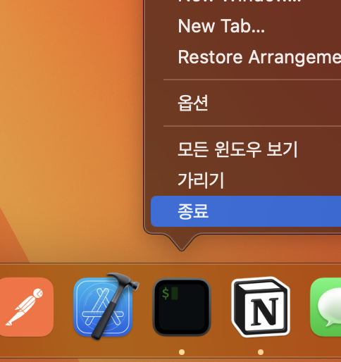 맥 Dock 메뉴에서 터미널 애플리케이션을 종료하는 화면