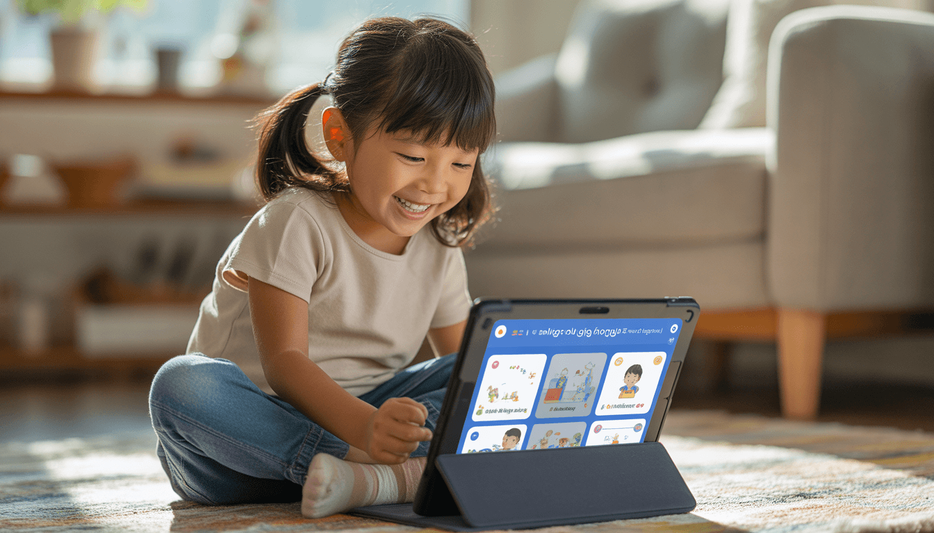 5~7세 아이가 태블릿 영어 앱을 통해 엄마표 영어를 즐기고 있는 실사 사진
