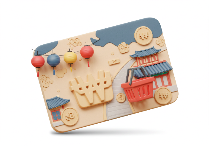 디지털 온누리상품권을 나타내는 3D 아이콘과 전통시장 요소들이 함께 표현된 이미지