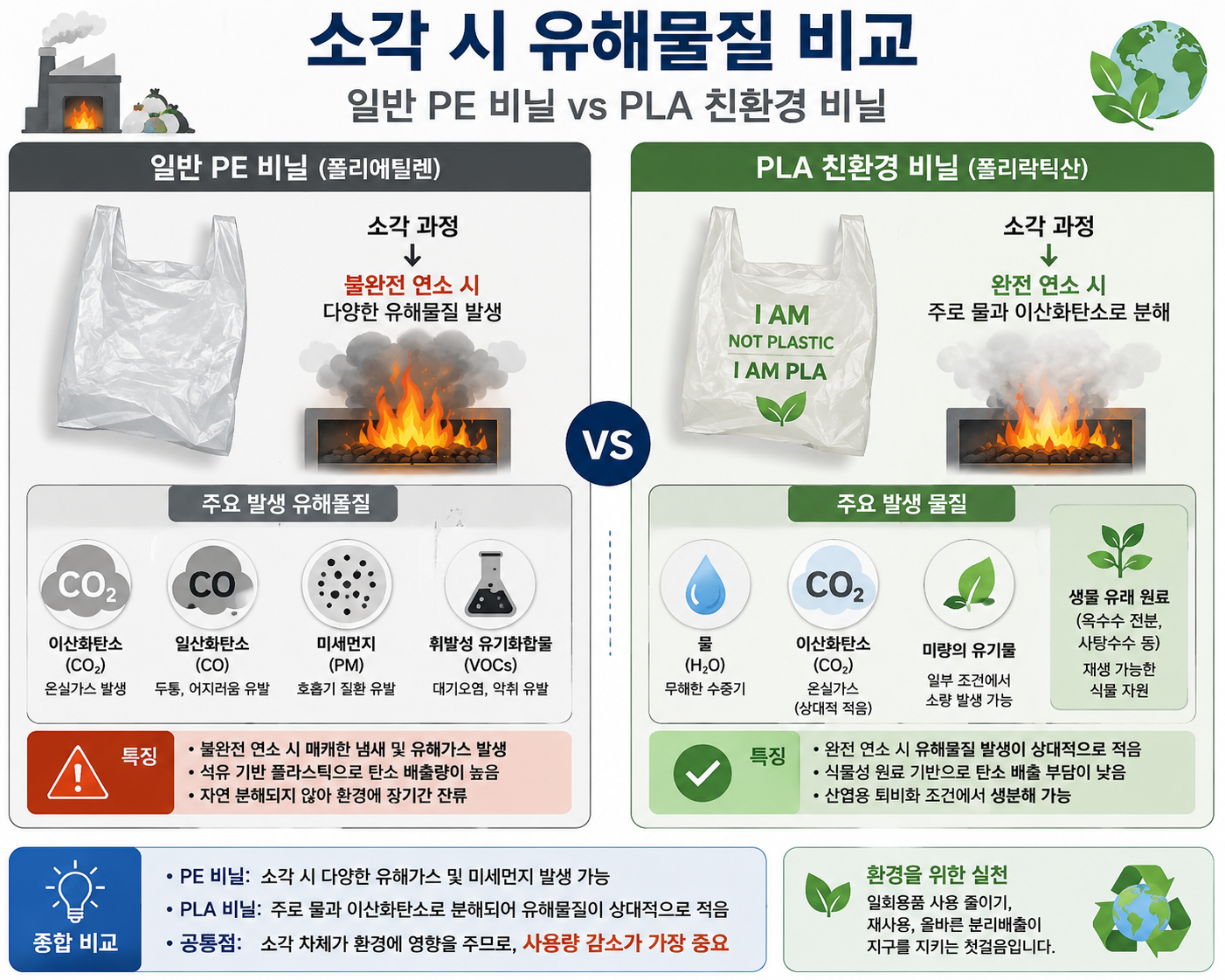 플라스틱 유해물질 완벽 정리: 일반 PE 비닐 vs PLA 친환경 비닐 소각 비교