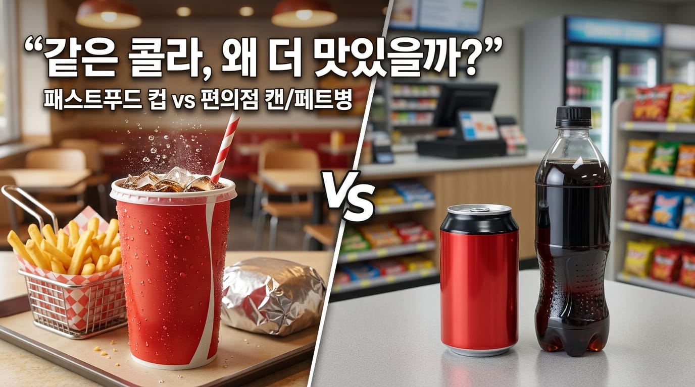패스트푸드 콜라컵과 편의점 캔 콜라를 비교하며 더 맛있게 느껴지는 물 온도 시럽 빨대 차이를 설명하는 이미지