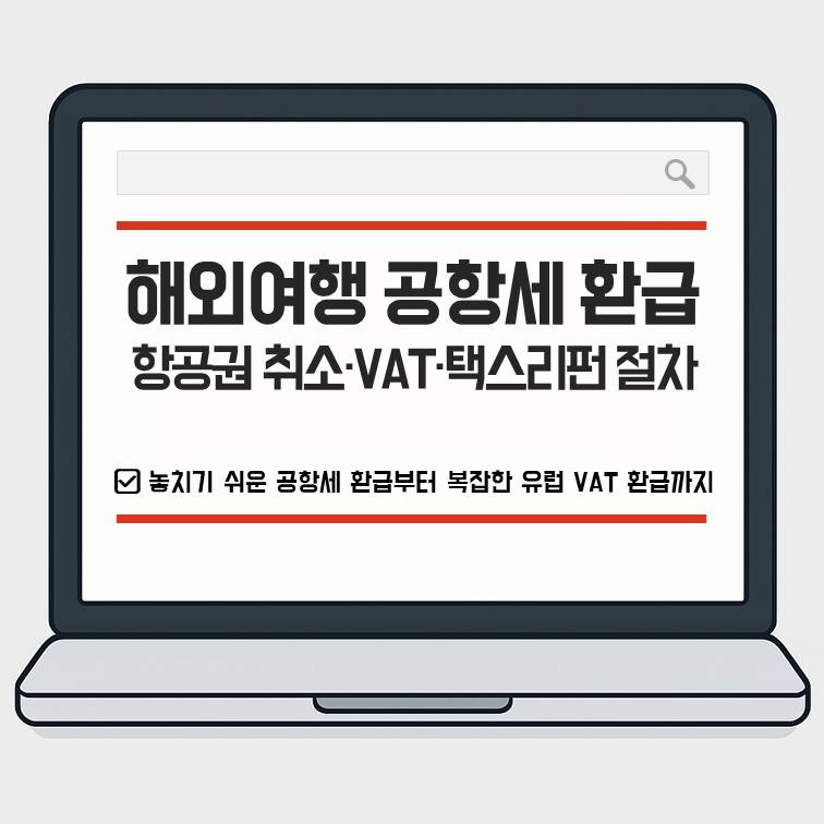 해외여행 중 항공권 취소 시 공항세 환급과 유럽 VAT, 택스리펀 절차를 안내하는 인포그래픽 썸네일 이미지