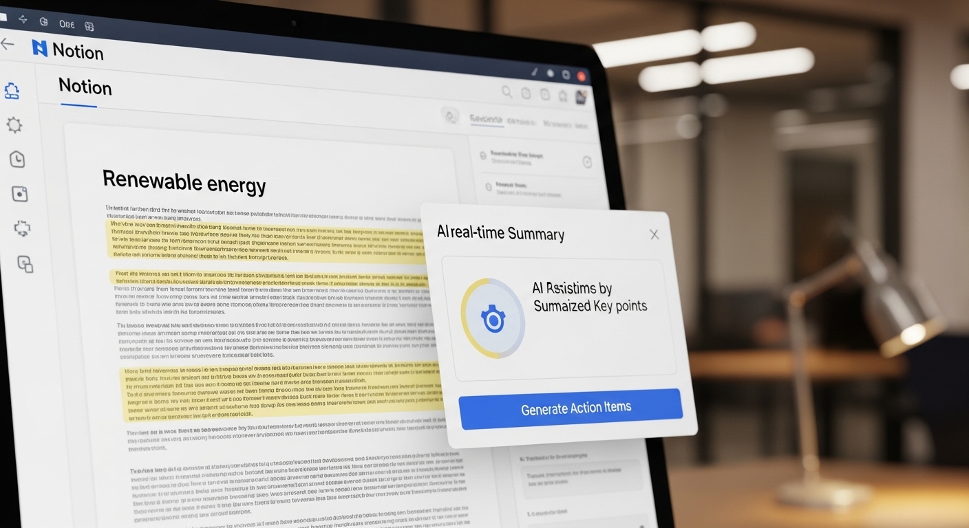 Notion AI가 복잡한 문서를 요약하고 핵심 액션 아이템을 추출하는 컴퓨터 화면. 효율적인 문서 작업을 돕는 AI 비서의 모습.