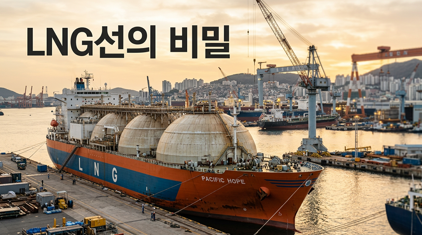 LNG선의 구형 화물창과 조선소 전경을 보여주는 사진