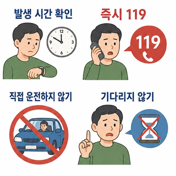 갑작스러운 신경학적 증상이 나타나면 발생 시간을 확인하고 즉시 119에 도움을 요청해야 함을 보여주는 그림