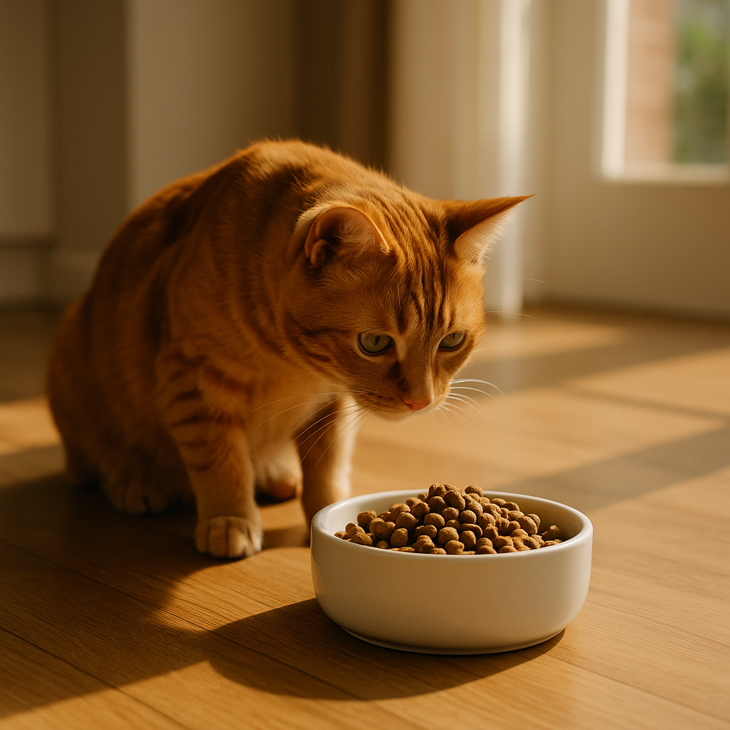 사료를 먹으려는 고양이 이미지