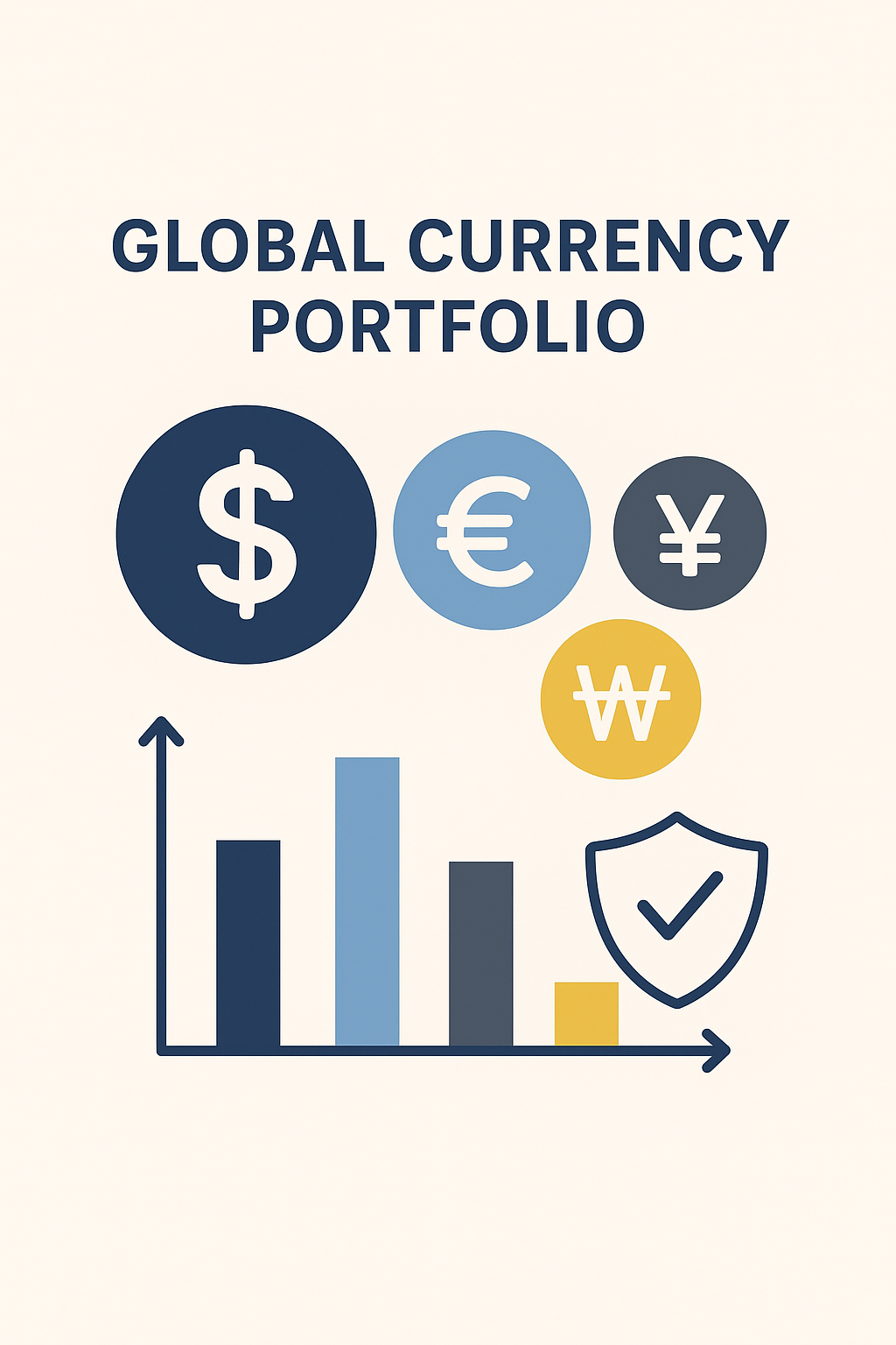 글로벌 통화 포트폴리오를 시각화한 인포그래픽, 달러·유로·엔화 분산 투자와 환율 리스크 관리 표현