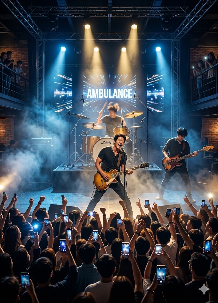 엔딩 크레딧과 함께 화려한 조명 아래서 다시 뭉친 앰뷸런스 밴드의 열정적인 라이브 공연