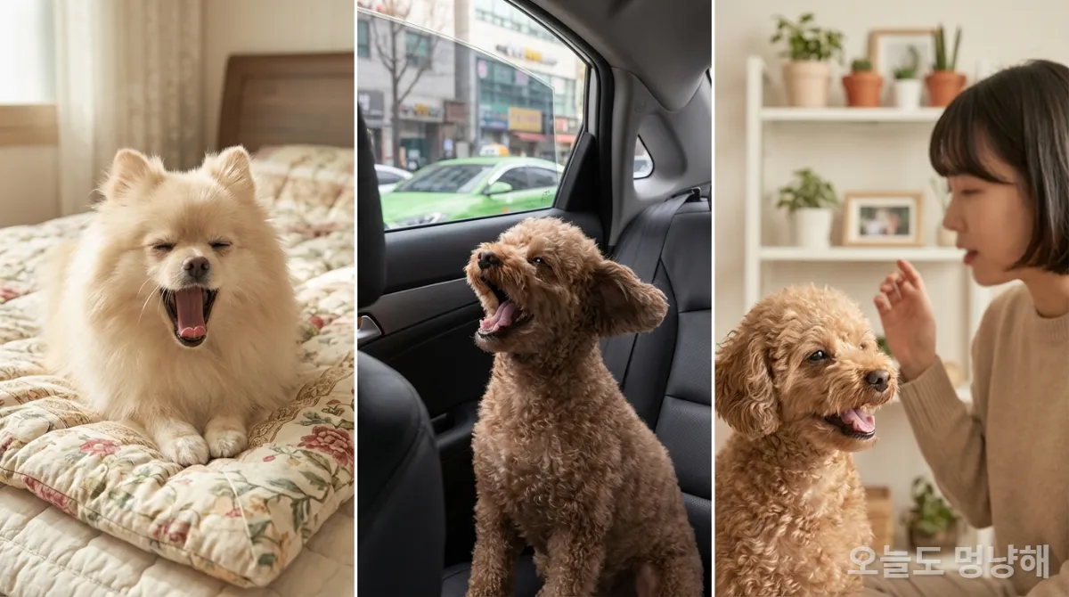 다양한 상황에서 하품하는 한국 강아지