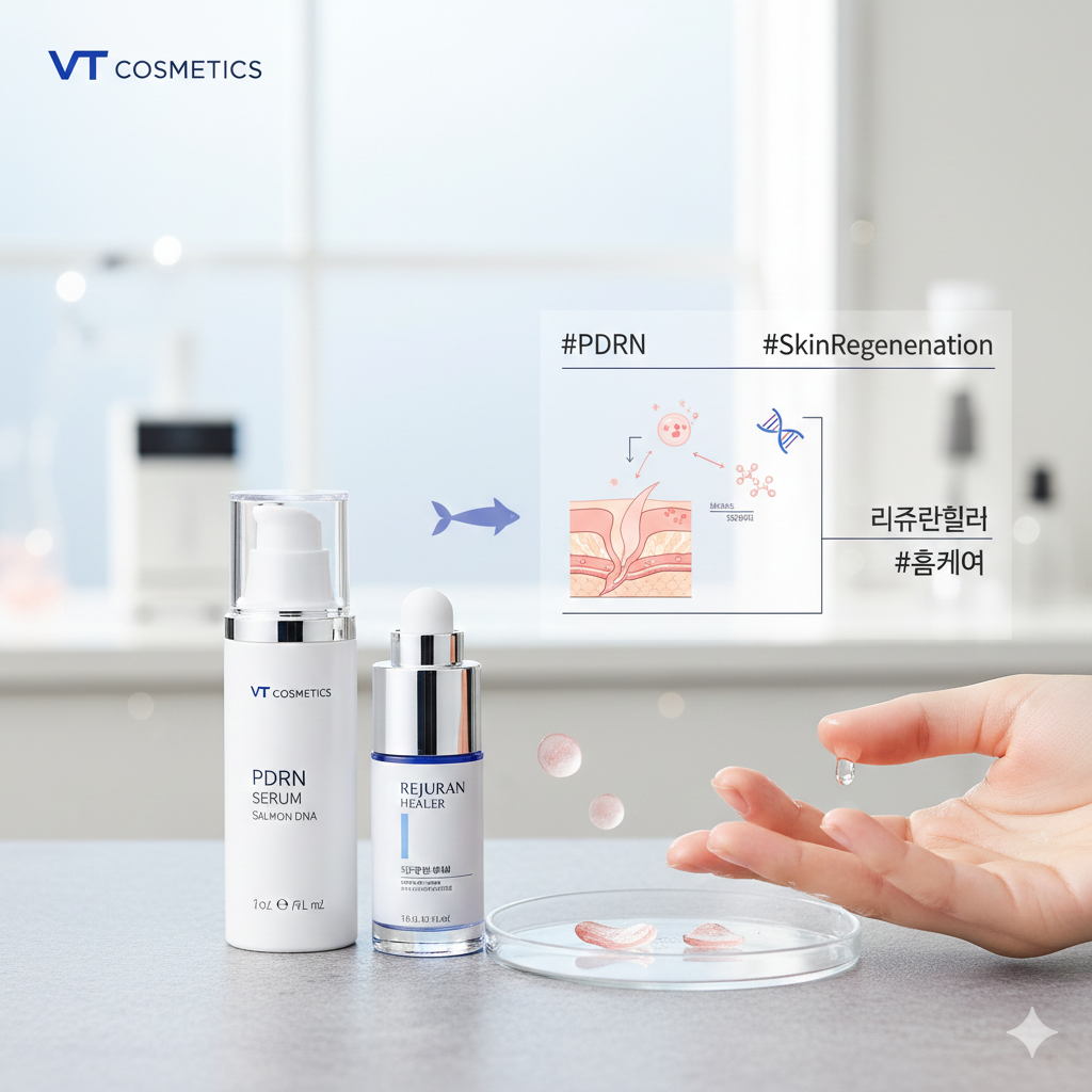 VT Cosmetics PDRN Serum and Rejuran Healer, highlighting the key ingredient for skin regeneration with scientific imagery.
