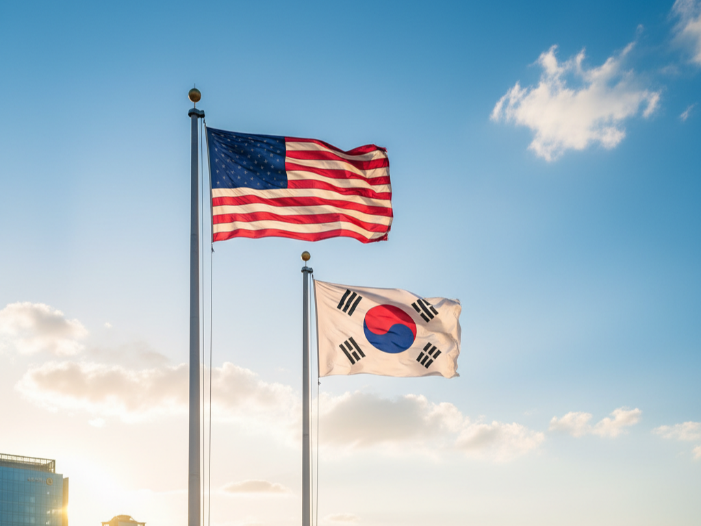 한미(한국과 미국) 국기가 나란히 계양되어있는 이미지