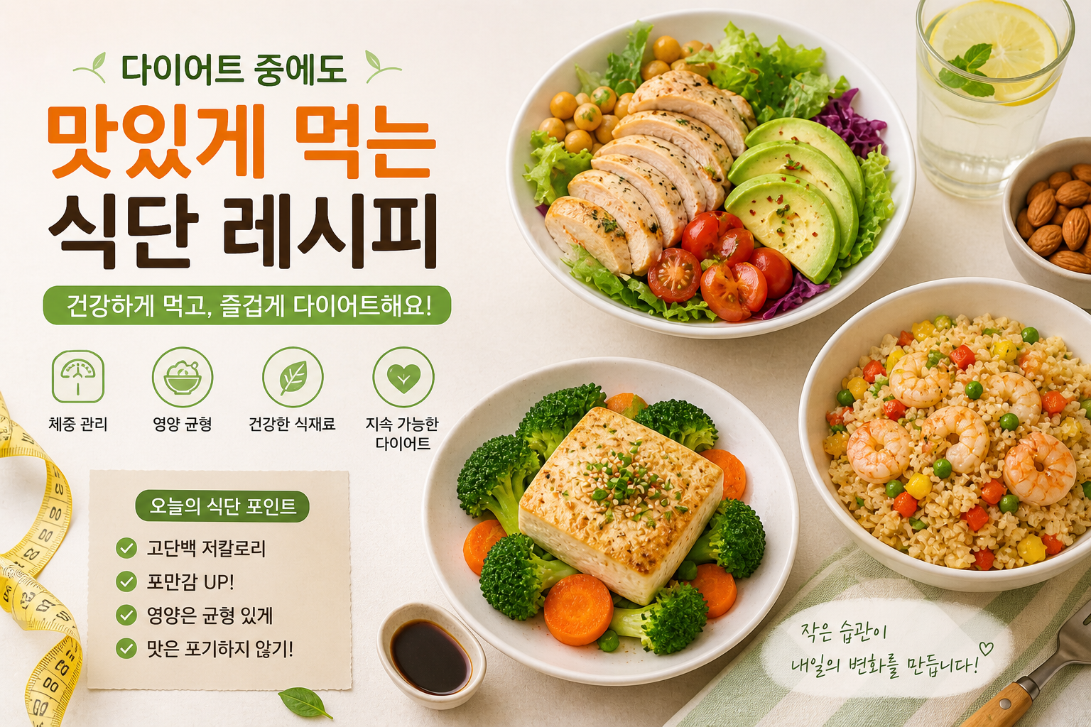 다이어트식단, 건강식단, 닭가슴살샐러드, 두부스테이크, 곤약볶음밥