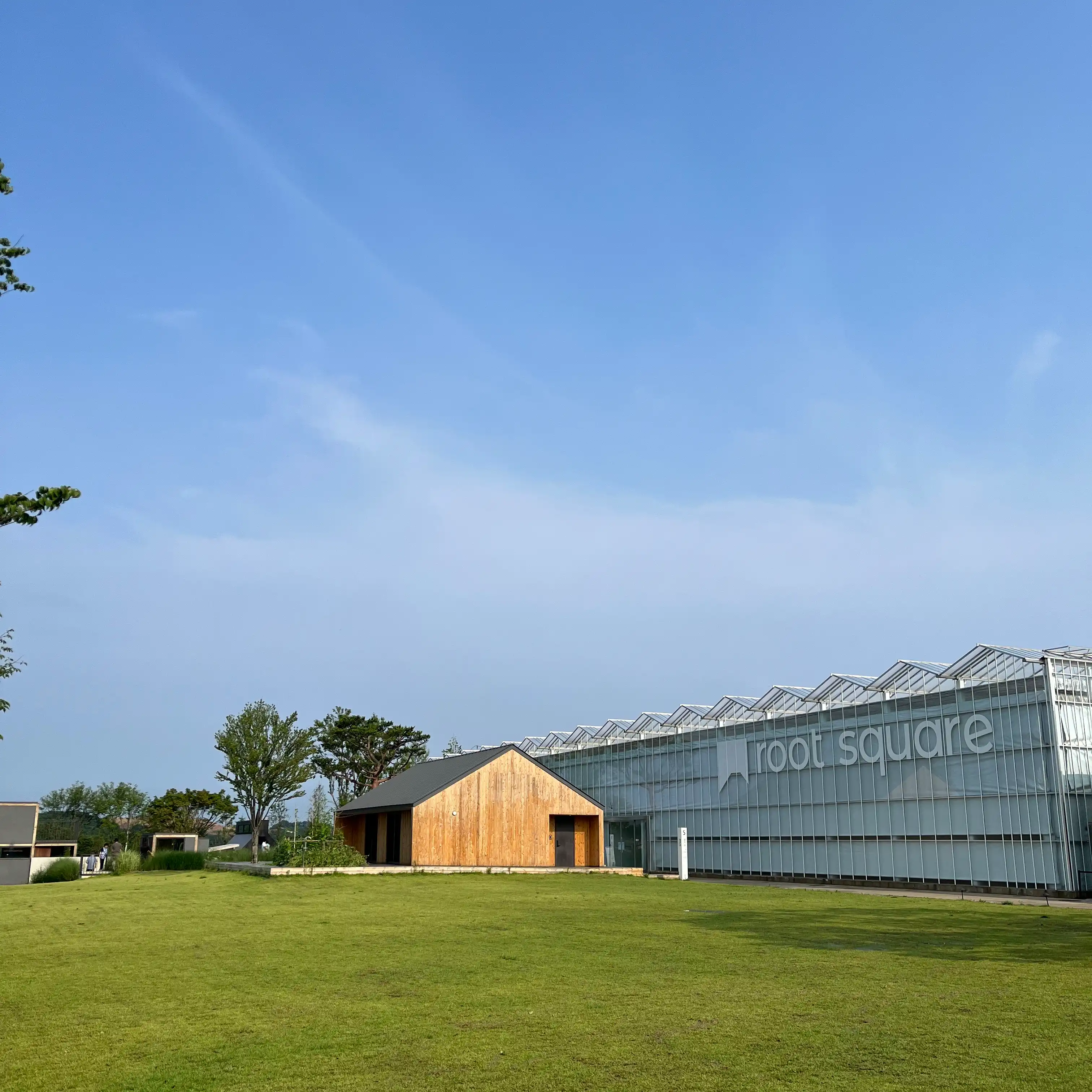 목조주택과 글라스 건물 그리고 넓은 잔디밭