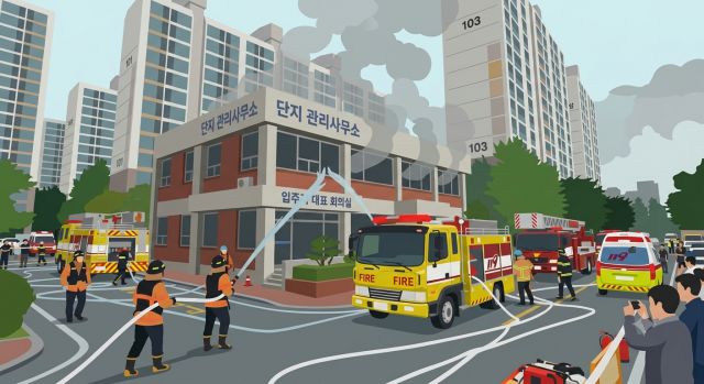 경산 아파트 관리사무소 폭발 화재 현장 소방 대응 모습