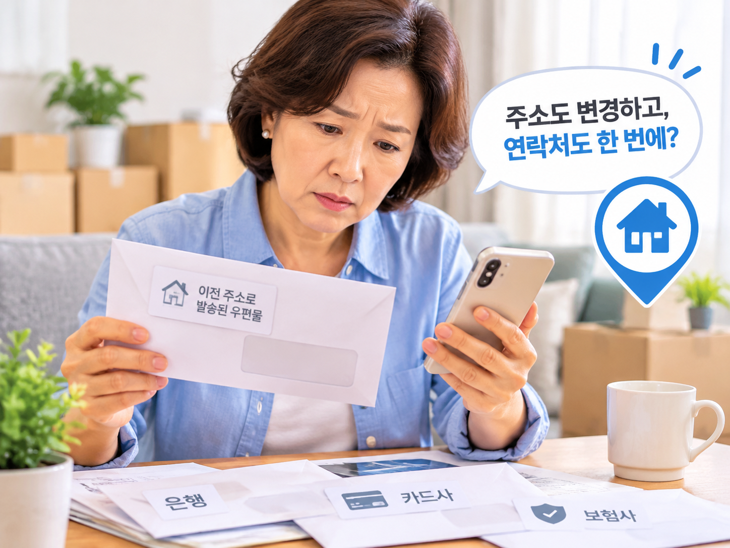 이사 후 여러 우편물과 스마트폰을 살펴보는 중년 여성