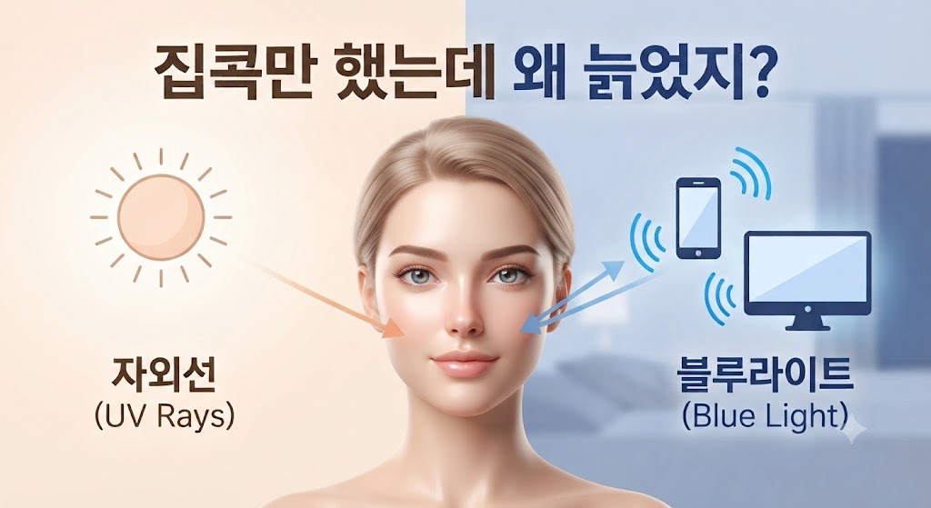 집콕 피부 노화 원인 비교 일러스트 (자외선과 블루라이트)
