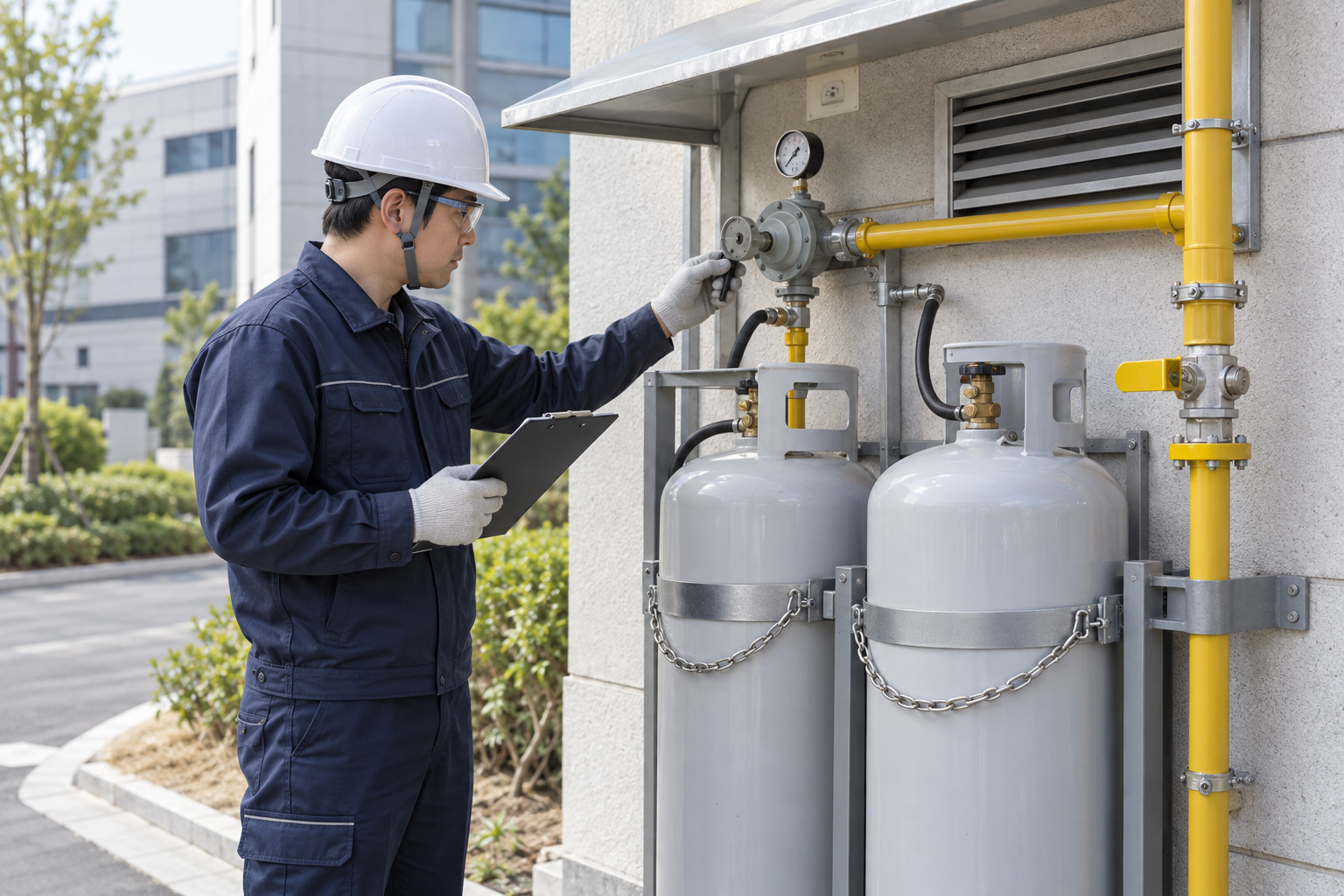 LPG 용기와 압력조절기, 가스배관을 점검하는 기술자