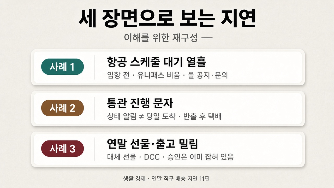 항공 대기·통관 문자·선물 일정 밀림의 세 장면을 비교한 도해
