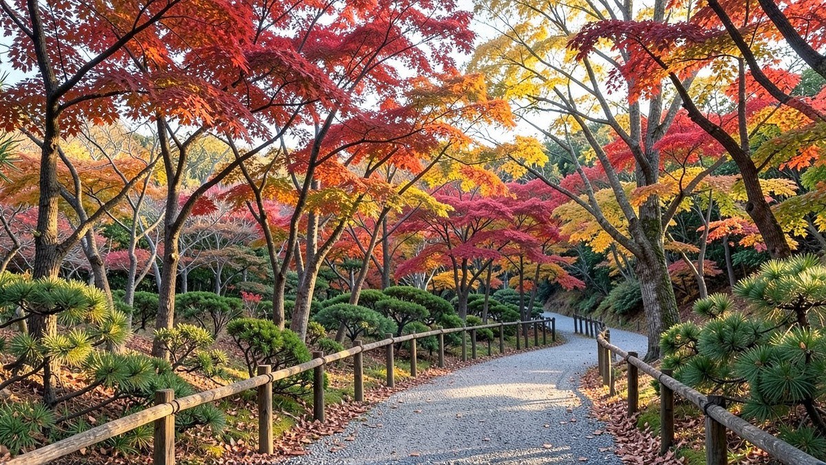 Illustrative image (AI-generated): an autumn walking trail with a wooden fence in an arboretum in Jeju