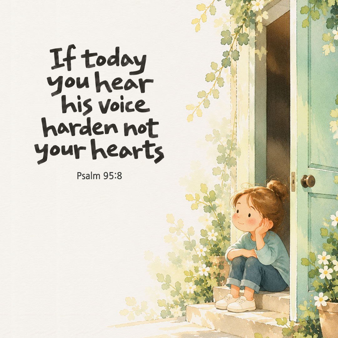 If today you hear his voice, harden not your hearts. (Psalm 95:8) English Bible verse card