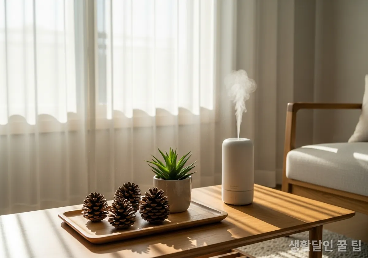 햇살이 들어오는 거실 한켠에 예쁘게 배치된 솔방울 가습기와 식물 인테리어