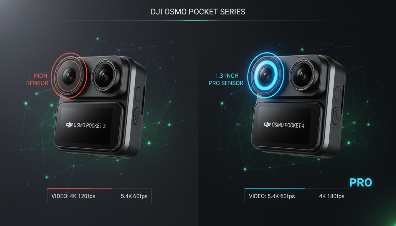 오즈모 포켓3(좌)와 포켓4 프로(우)의 스펙 비교 이미지. 특히 포켓4 프로의 더 커진 센서와 향상된 해상도 정보를 강조합니다.